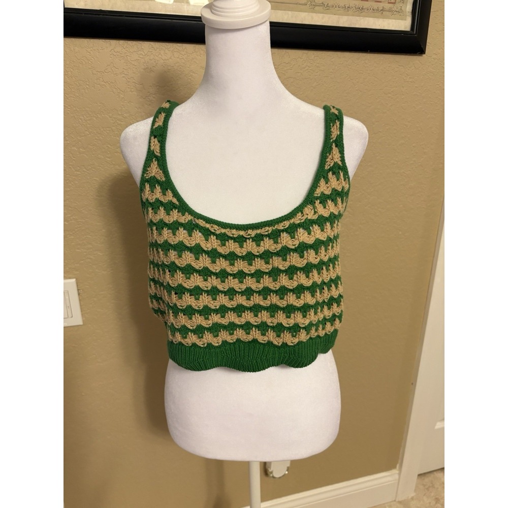 Astr Green and Beige Cropped Knit Tank Top